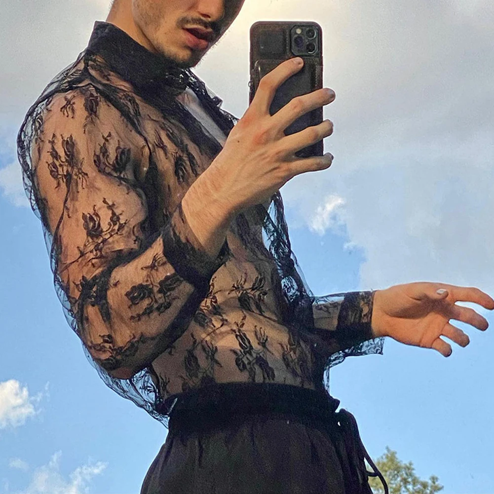 Fashion Mens Black Mesh See Through Long Sleeve Floral Print Shirt Clubwear Party Nightclub Men Shirts Blouse Clothing