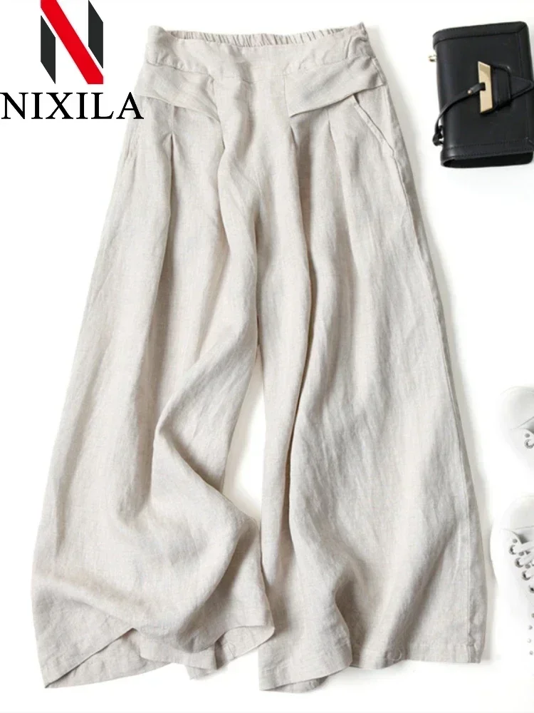 Women's Wide-leg Cotton Linen Pants Spring Autumn Leisure Fashion Knitted Formal Streetwear Elegant Loose Fit Casual Trousers