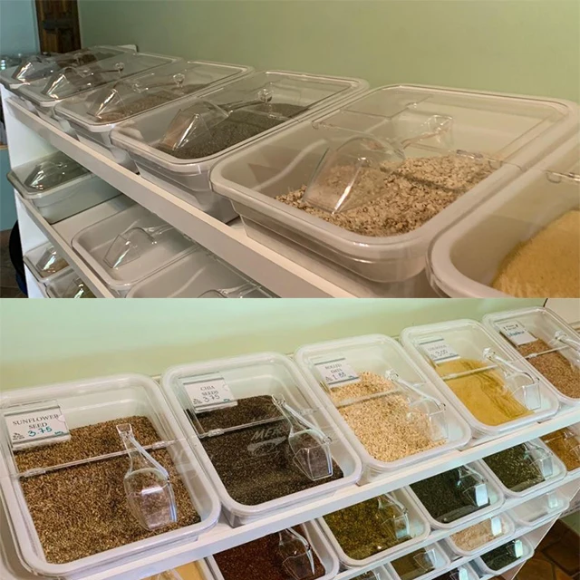 

Self Serve Bulk Food Containers and Bulk Food Tubs with Scoops Tongs Storage Boxes & Bins Plastic Transparent a