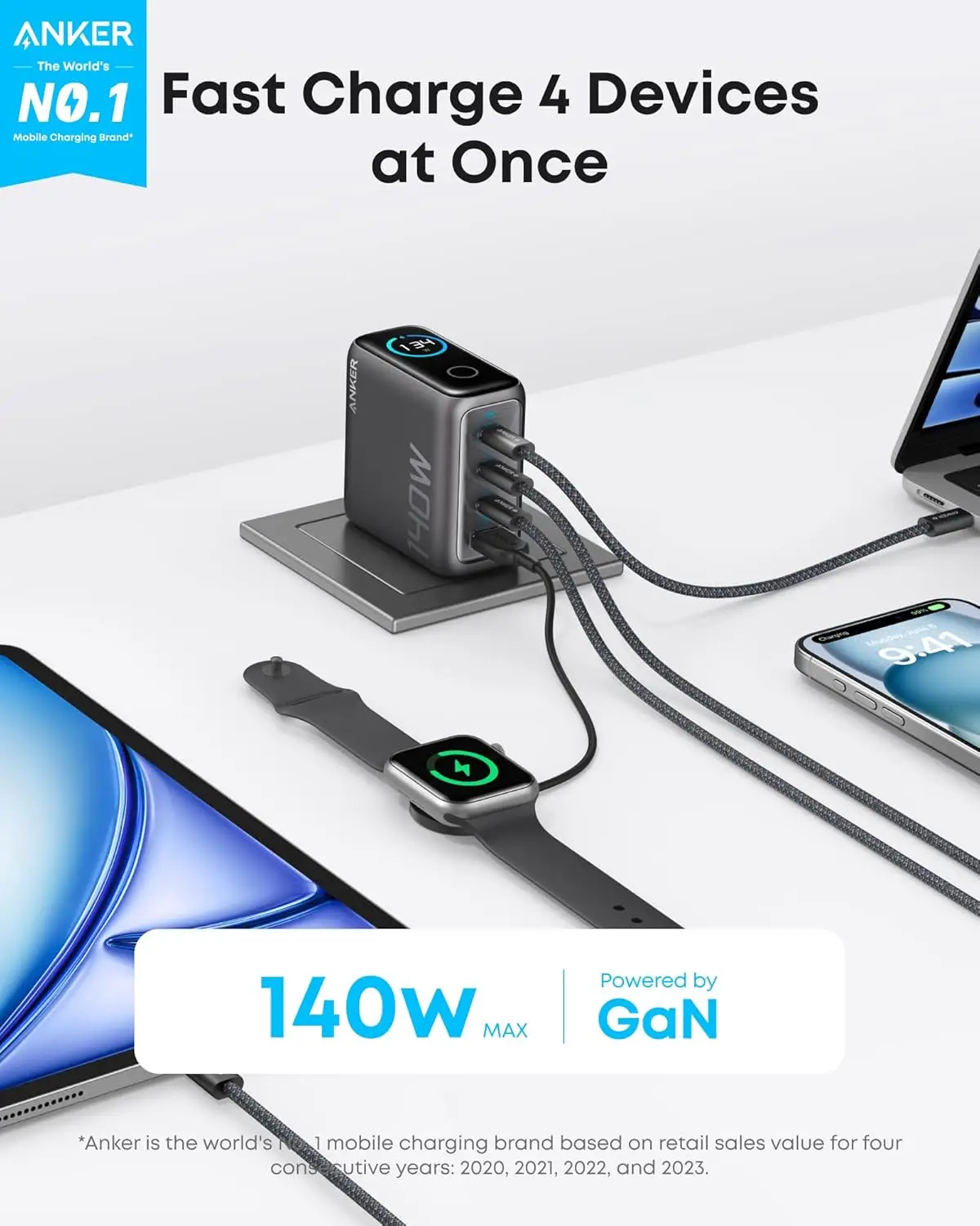 

2025Anker Zolo 140W USB-C Charger, Laptop Charger, 4-Port Multi-Device Fast Charging, Advanced GaN Power Adapter