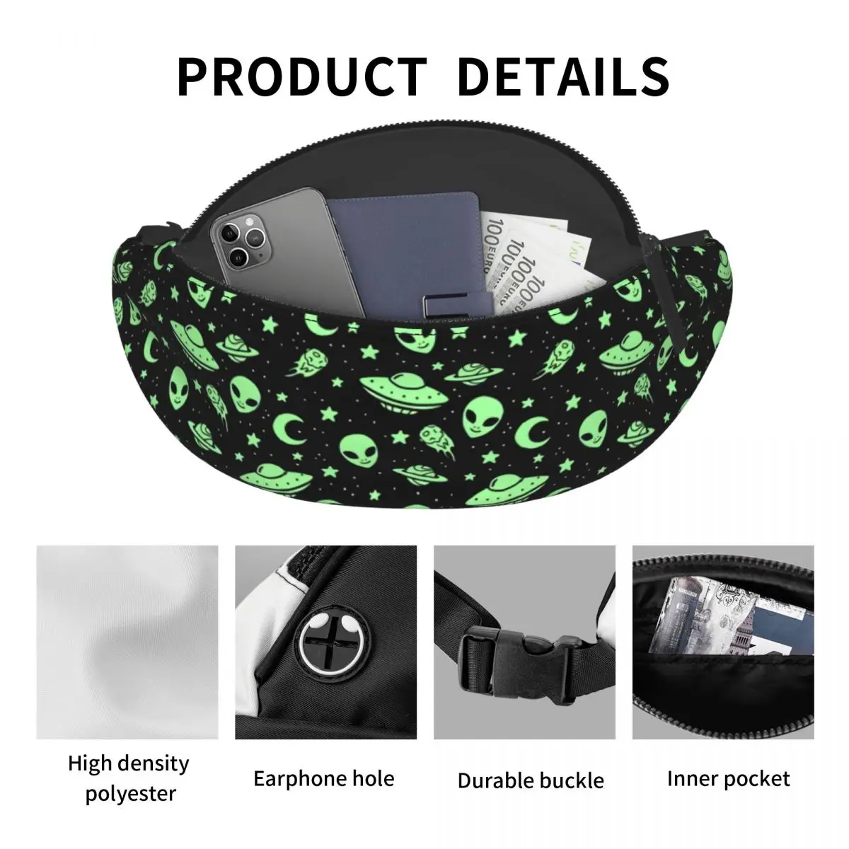 Green Alien UFO Moon Fanny Bag Customized Crossbody Waist Pack Women Men Cycling Camping Phone Money Pouch