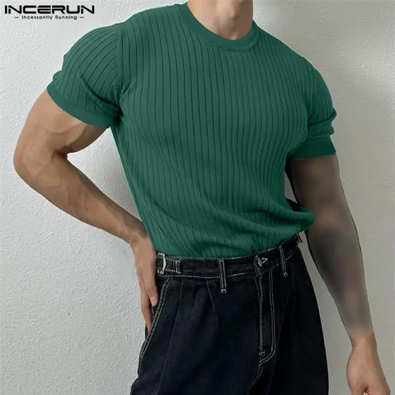 INCERUN Men T Shirt Solid Color Striped O-neck Short Sleeve Summer Casual Men Clothing Streetwear 2023 Fitness Fashion Tee Tops