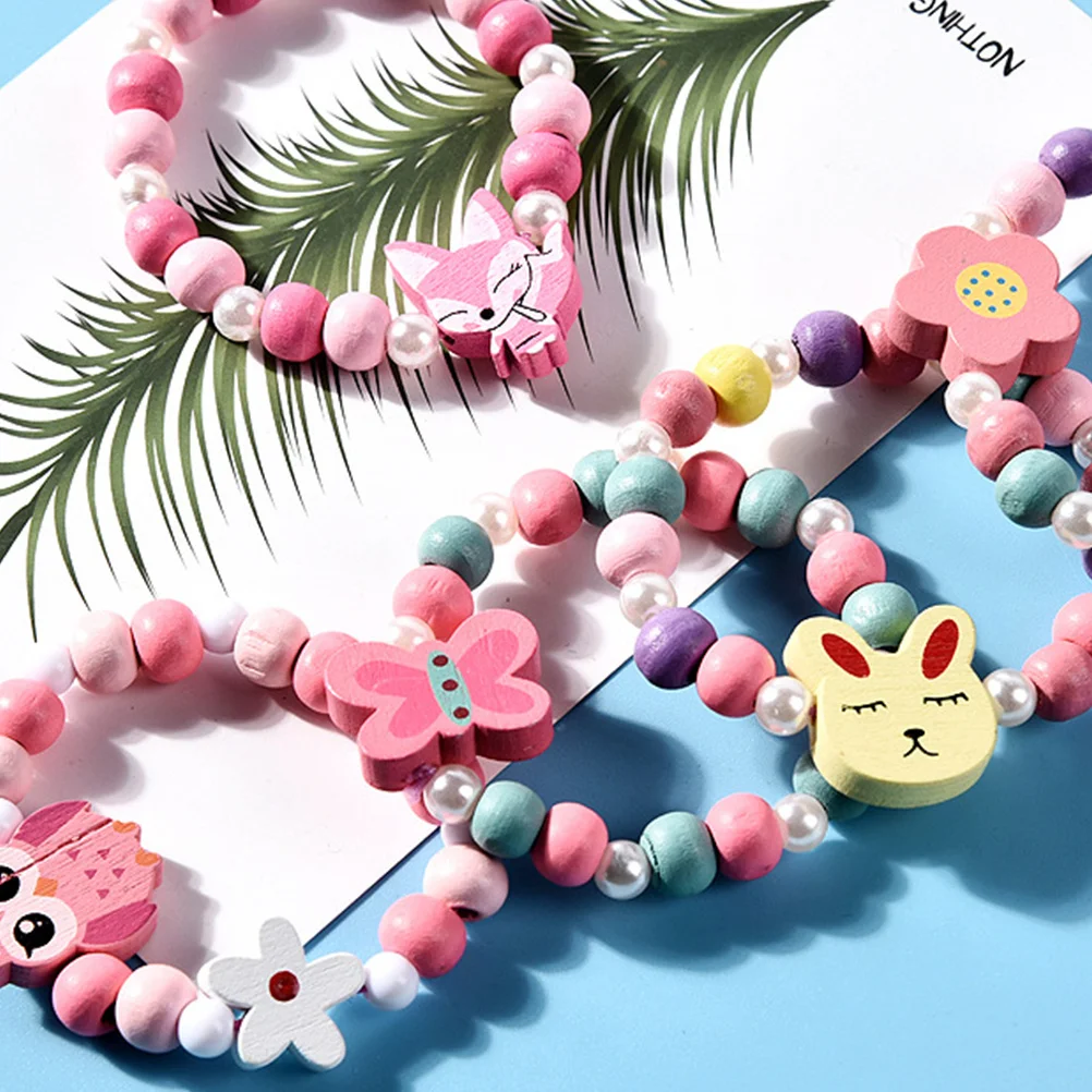 Kids Wooden Bracelet Necklace Set Colorful Tassel Design For Children Flower Heart Cartoon Jewelry Gift Playtime Pretend