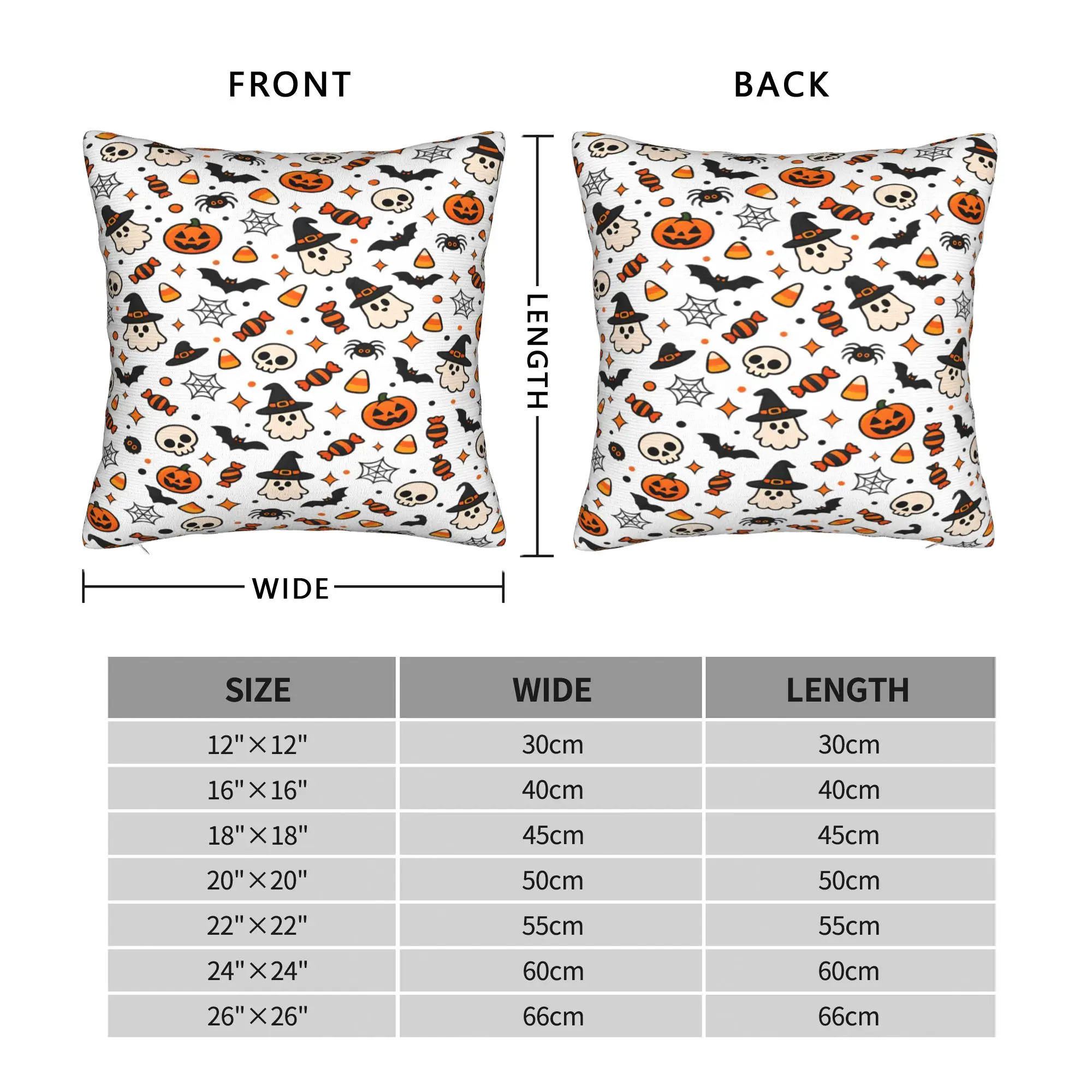 Halloween Candy Ghost Witch Bat Skull White Background Seamless Pattern Pillow Case  Graphic Pillow Cover For Sofa Cushion Cover