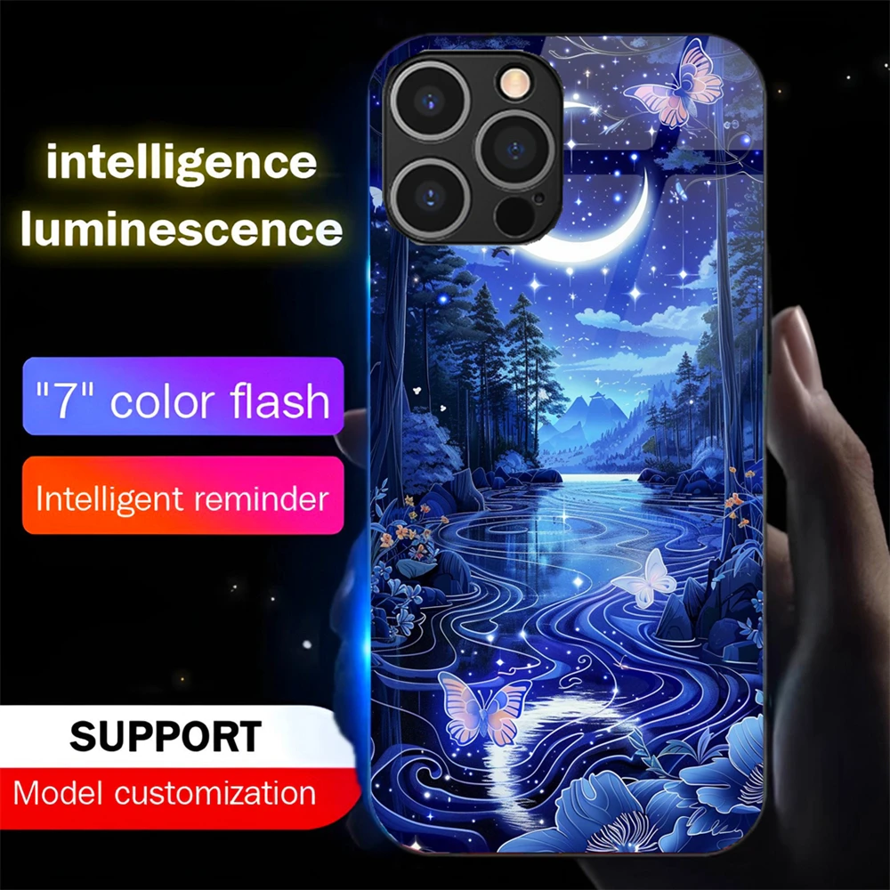 

Pretty Dreamy Forest Luminous Phone Case LED Light Glass Shockproof Cover For iPhone 16 E 15 14 13 12 11 Pro Max X XS XR Plus