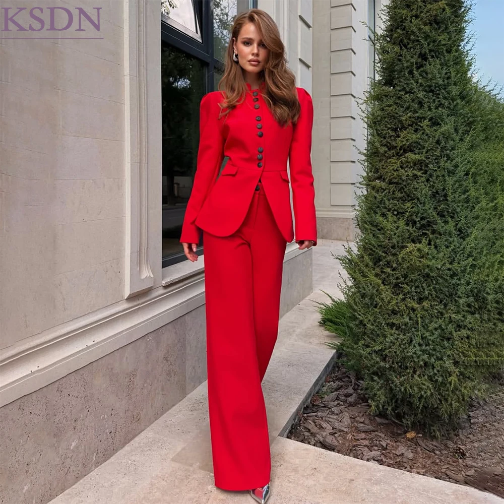 High Quality Power Women's Suits Red Customized Single Breasted 2 Piece Jacket Pants Sets Formal Office Lady Modern Outerwear