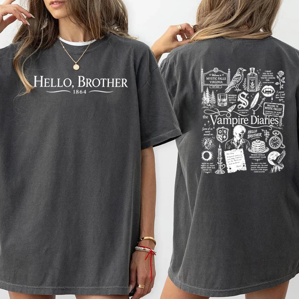 Damon Salvatore Inspired T-shirt Vampire Diaries Shirt Mystic Falls Tee Hello Brother Tshirt Unisex Short Sleeve Tops Fans Gift