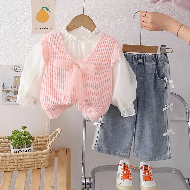 2026年春-幼児-女の子-3点セット-可愛いニットベストセーター-パフスリーブトップ-ジーンズセット-乳幼児-ベビー-プリンセス-カジュアル服