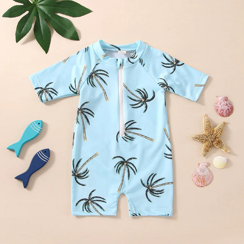 2023-02-17 Lioraitiin 0-5Years Toddler Girls Boys Summer Romper Swimwear Blue Short Sleeve Tropical Tree Print Zipper Romper