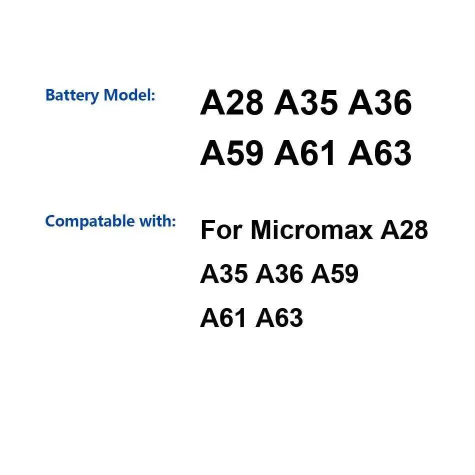 

Высокоэффективный и надежный аккумулятор для мобильного телефона Micromax A28 A35 A36 A59 A61 A63, 1500 мАч