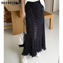 BGTEEVER Stylish Elastic Waist Dots Printed Skirts Women Casual Loose Female Long Pleated Skirts