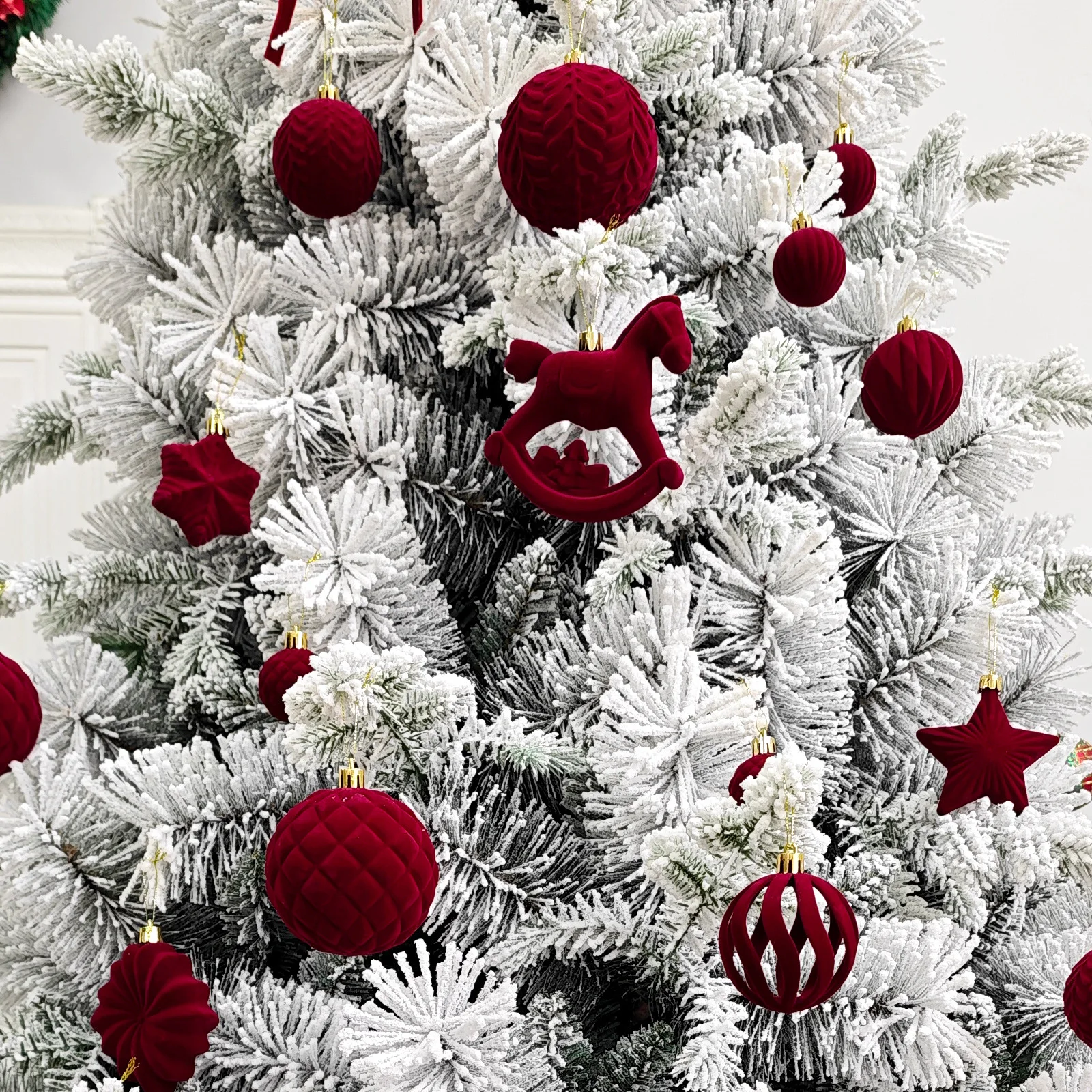 58pcs Red/Green Flocked Christmas Ball Gift Set Wooden Horse Five Pointed Star Bow Christmas Tree Ornaments Openwork Xmas Balls