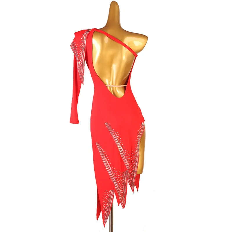 One Shoulder Single Long Sleeve Geometric Line Rhinestone Slit Pointed Irregular Dance Dress For Latin Dance Competition Stage P