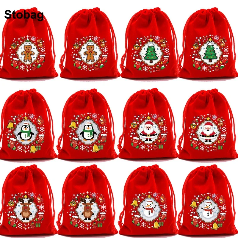 

StoBag 50pcs Wholesale Merry Christmas Velvet Bags Drawstring Small Candy Gift Storage Package Child Kids Pocket Pouches Party