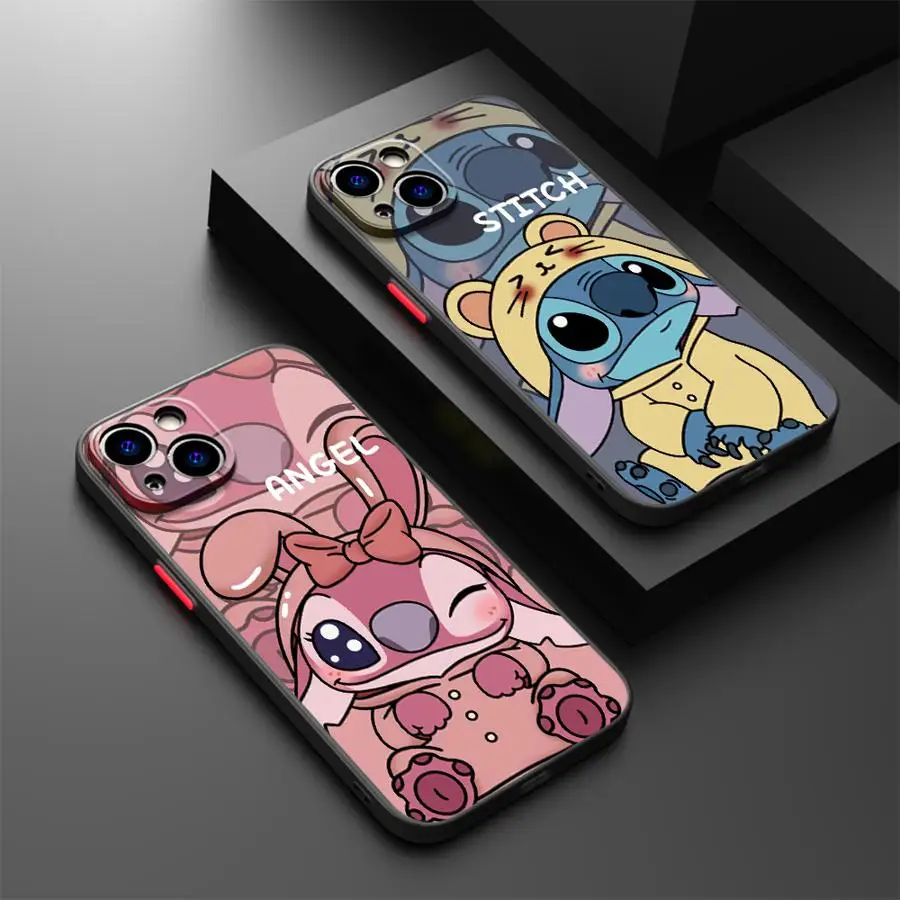 Phone Case for iPhone 16 14 Pro 15 11 XR 12Mini XS SE 13 16ProMax 15 Plus X 12 Frosted Funda Cover Disney Cartoon Stitch Anqi