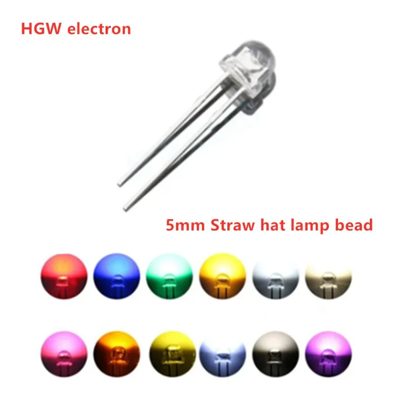 100pcs 5mm Straw Hat LED Light Emitting Diode Super Bright Warm White Red Green Blue Yellow Orange UV Pink RGB Flashing DIY Bulb