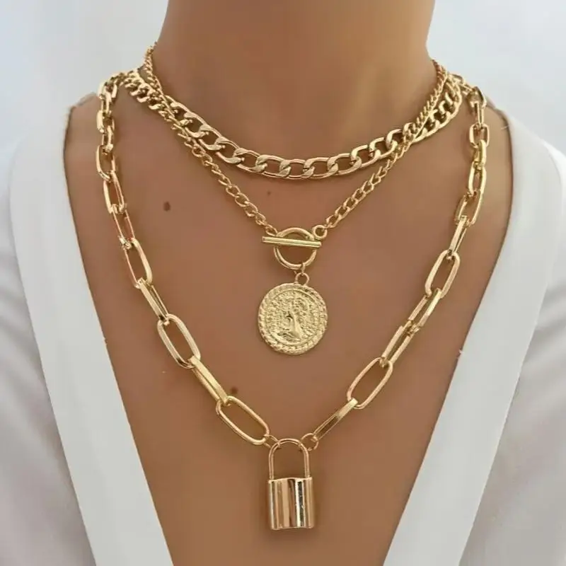 3Pcs Layered Necklace Set For Women Vintage Elegant Embossed Coins Creative Lock Pendant Necklaces Fashion Jewelry Gift