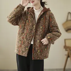 Large Size Women's Floral Jacket 2022 Autumn And Winter Cotton Coat Korean Loose Slim Hooded Thickened Fleece Outerwear T954