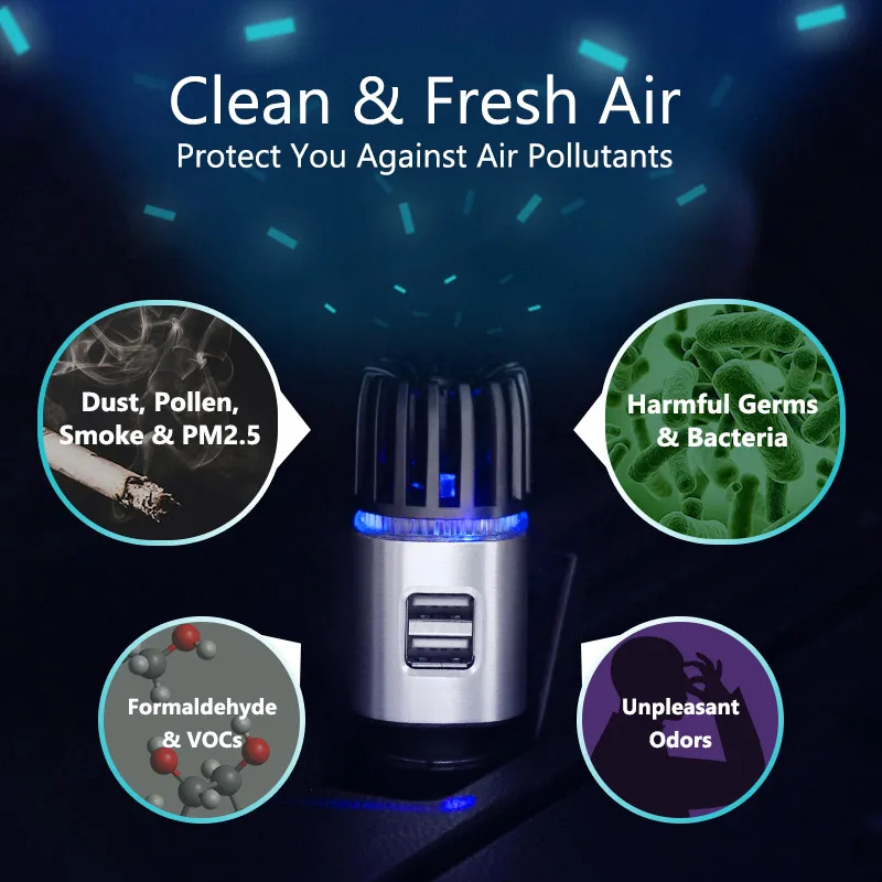 Car air purifier 5.6 million Ionizer Powerful Car Air Freshener,Purifier Oxygen Bar 12V 2.1A Dual USB Charger Car Ionic Ozone