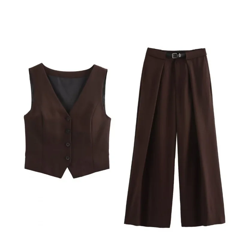 

2025New SummerVSingle-Breasted Vest with Belt and Wide-Leg Pants Set Women