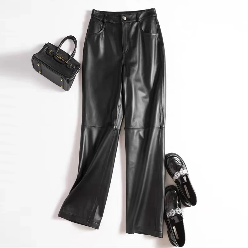 Vintage Sheepskin Wide-leg Straight Leather Pants Women Drape Casual Genuine Leather Trousers Mopping Pants Female 2024 New