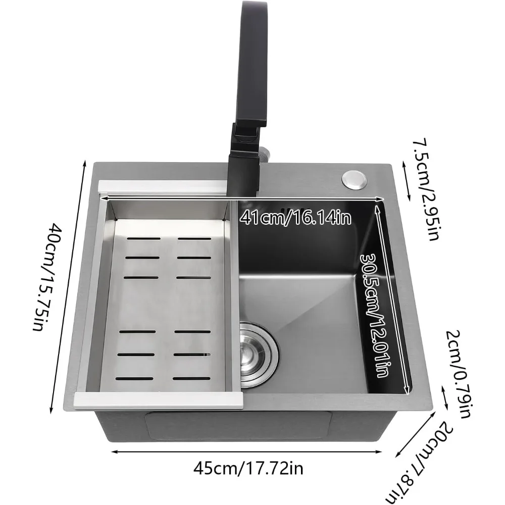 BYMAOCAR Zlewozmywak ze stali nierdzewnej 40x45CM, Zlewozmywak z kranikiem Urządzenie spustowe + Dozownik mydła, Wygodny zlew kuchenny