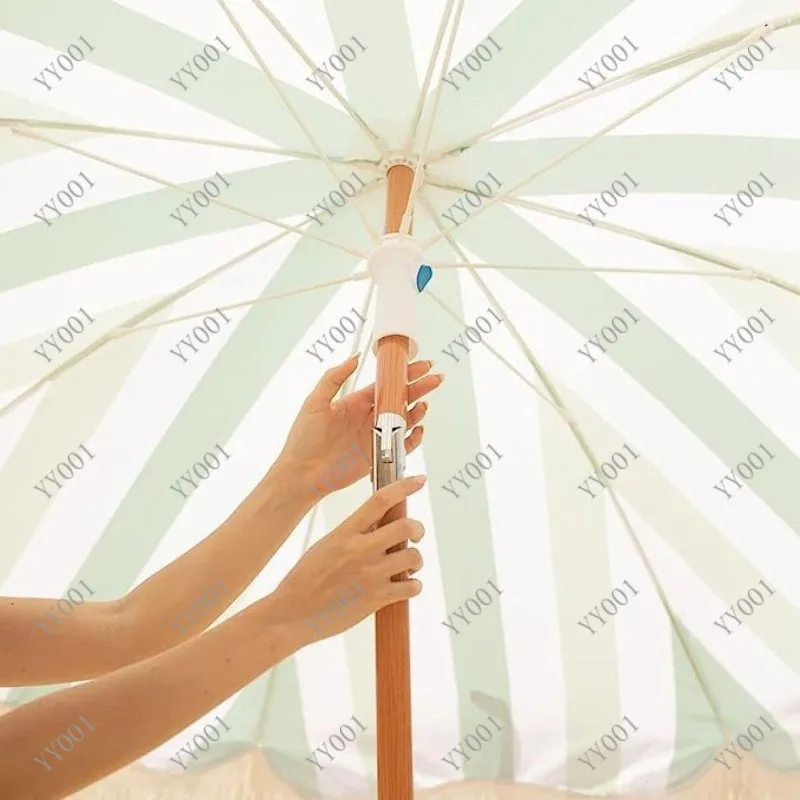 Green White Stripe Beach Umbrella with Tassel Outdoor Patio Parasol