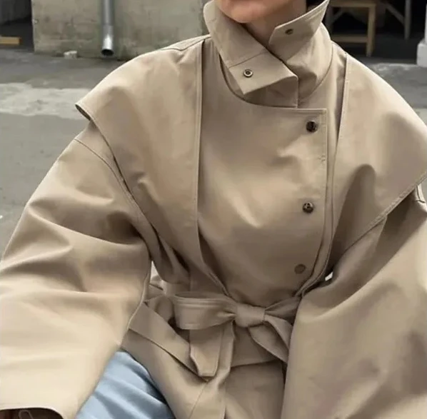 

2026 Women Street Solid Jacket Fashion Solid High Neck Buttons Long Sleeve Single-breasted Coats Waist Cinching Windbreaker