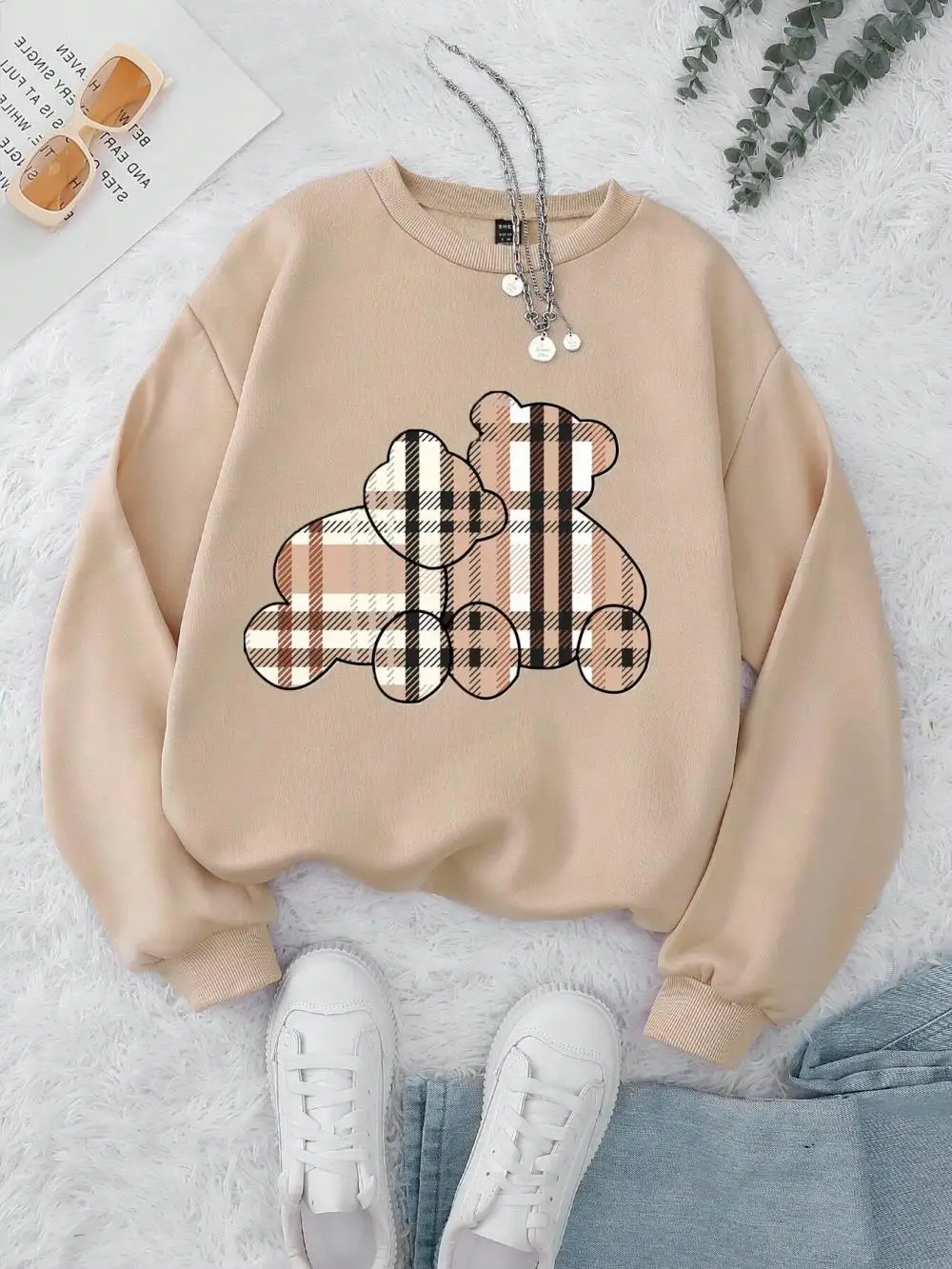 Casual Frauen Sweatshirts Teddybär Druck Hoodies Komfortable Fleece Weiche Pullover Mode Crewneck Lose Weibliche Tops Kleidung