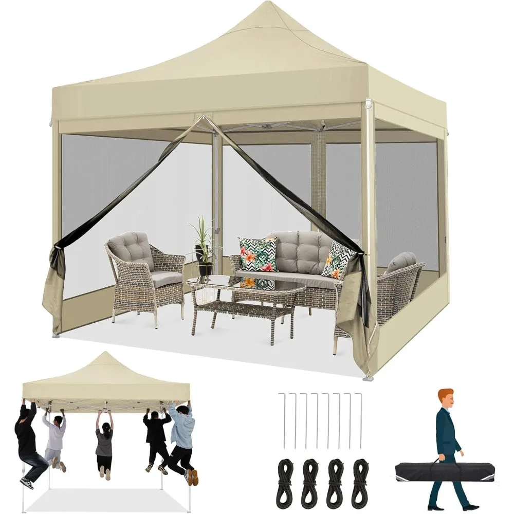 10x10 Heavy Duty Pop Up Canopy Tent with 4 Sidewalls, Commercial Gazebo Party Tent with Mosquito Netting Wall Easy