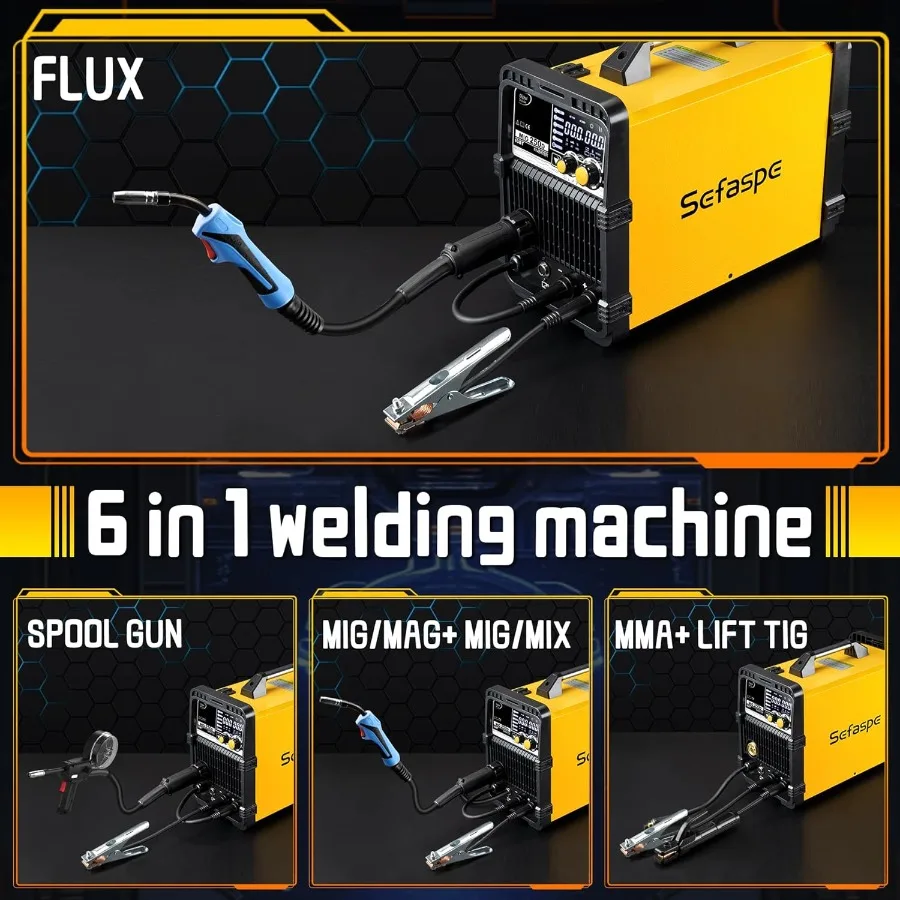 250A MIG Welder 6 in 1 Multiprocess Welding Machine for Aluminum Gas MIG Gasless Flux Core Spool Gun Lift TIG Stick Welding 220