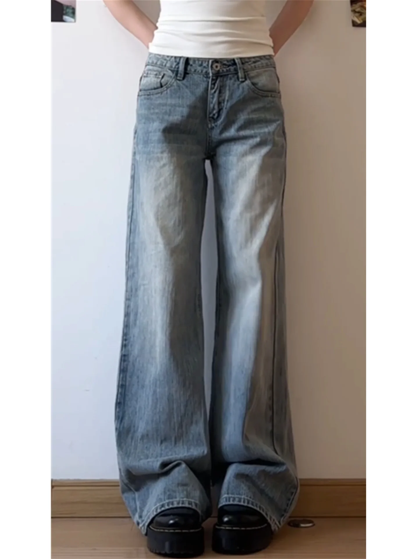 

American Style Retro Blue Low Waist Flared Jeans Women's Loose Drapey Non-Matching Long Floor-Length Pants Casual Cotton Denim