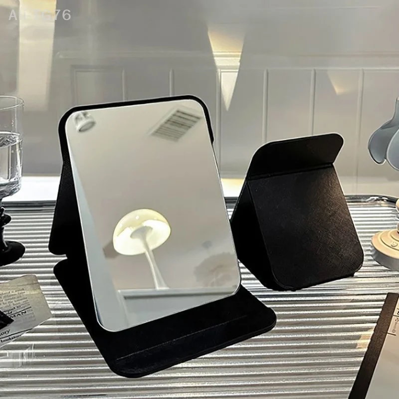 Miroir de maquillage de bureau Portable, couleur unie, cuir PU noir, pliable, Compact, mignon, pour étudiant