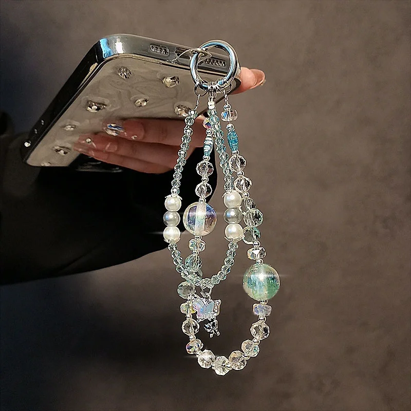 

Y2k Luxury Butterfly Crystal Bead Mobile Phone Lanyard Wrist Strap Lady Hand-held Chain Short Anti-lost Cell Phone Key Pendant