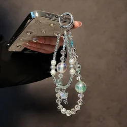 Y2k Luxury Butterfly Crystal Bead Mobile Phone Lanyard Wrist Strap Lady Hand-held Chain Short Anti-lost Cell Phone Key Pendant