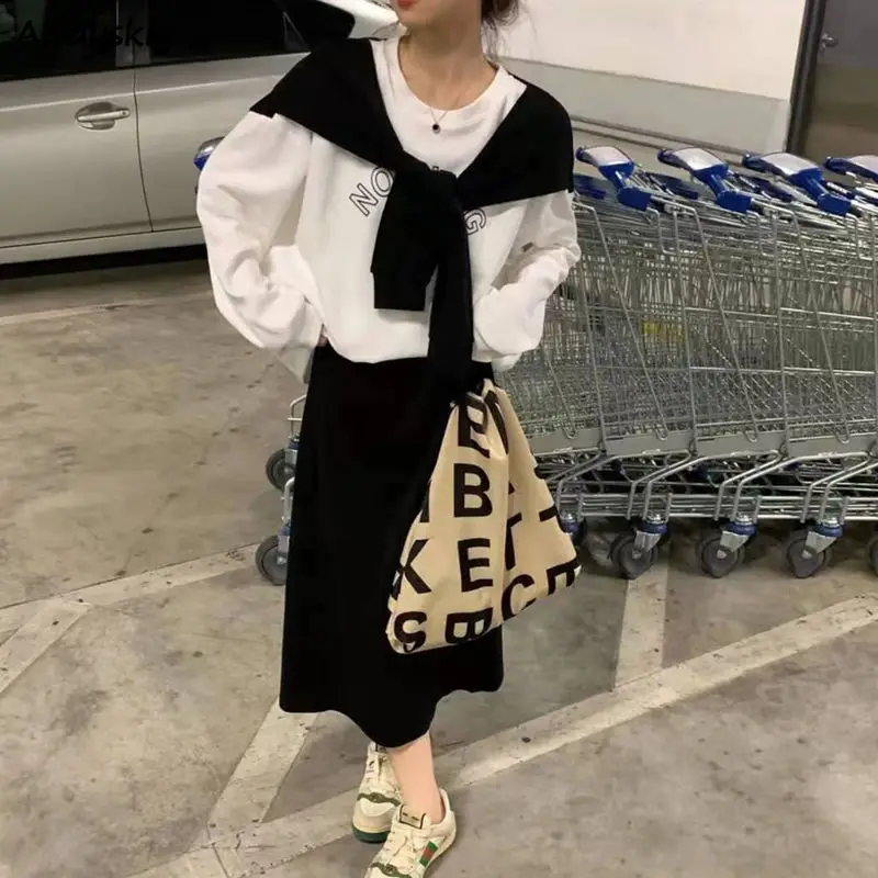 

Women Sets 2 Pieces Temperament New Arrive Autumn Patchwork Sweatshirt Mid-calf Skirt Leisure Vintage Teen Tender Ulzzang Chic