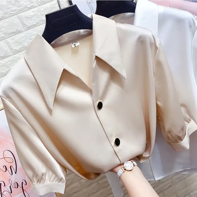 Korean New Solid Color Basic Shirt Female Clothing Single-breasted 2023 Summer Thin Half Sleeve Stylish Turn-down Collar Blouse