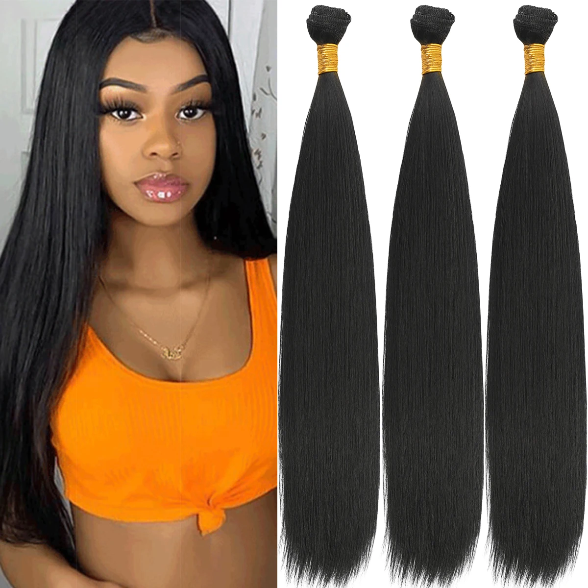 3PCS 14-26 inch synthetic African braided hair bundle extension virgin body straight bundle natural woman heat-resistant wig