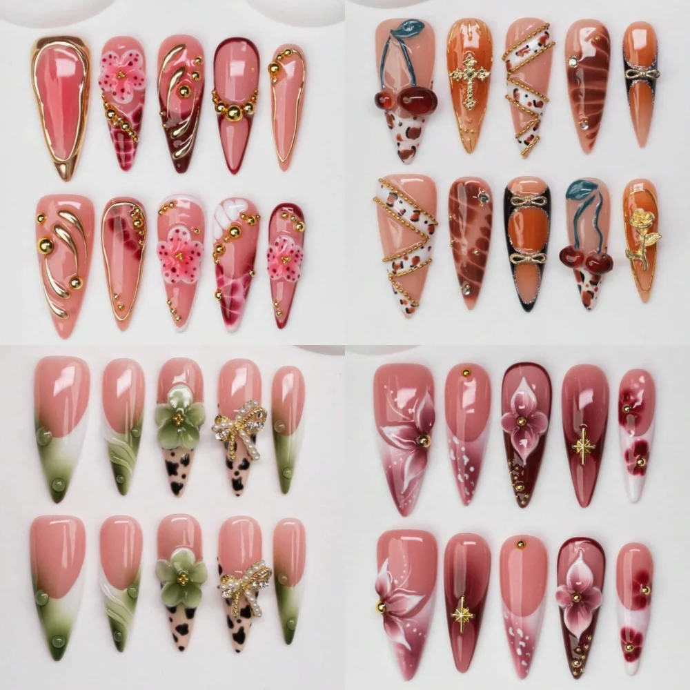 

10 шт., накладные ногти ручной работы, накладные ногти на шпильках, живопись, 3D цветочный дизайн, накладные ногти, многоразовый набор акриловых ногтей для женщин