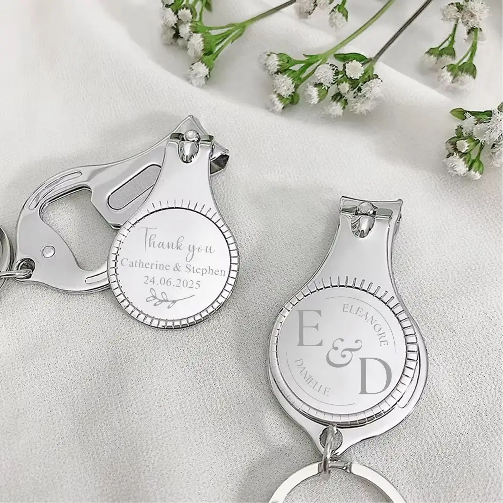 50pcs Personalized Bottle Opener Nail Cutters Key Rings Customized Nail Clippers Wedding Party Supplies Custom Favors Gift