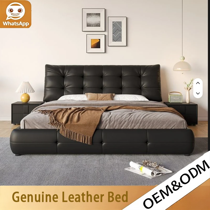 Modern Luxury Italian Minimalist Bed Frame Square Tufted Headboard Black Leather Upholstered Large Bed for Master Bedroom