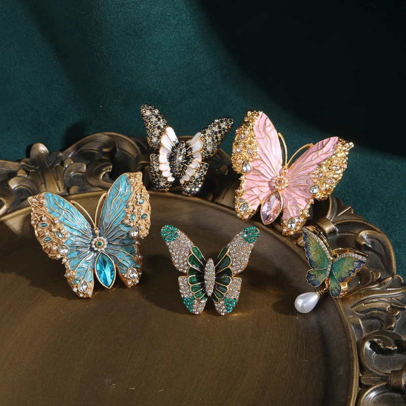 Vintage Large Blue Butterfly Big Cocktail Rings For Woman Crystal Enamel Size 8 Gold Color Luxury Jewelry Designers Accessories view 5