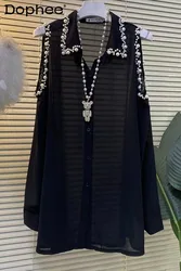 Vestido camisero holgado de manga larga para mujer, Blusa de gasa negra con hombros descubiertos, longitud media, talla grande, novedad de verano