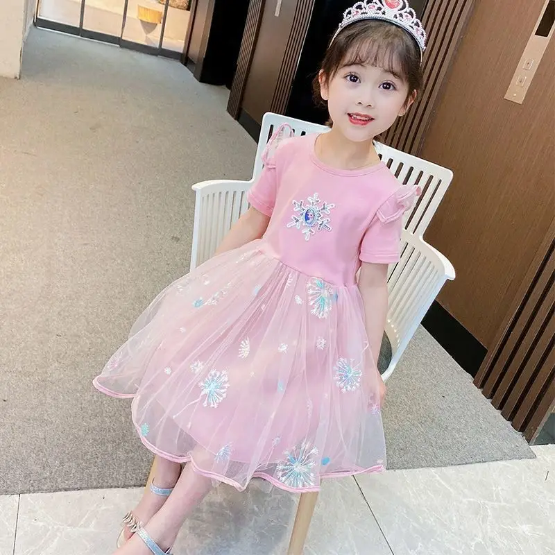 Girls Dress Disney Summer Short Sleeve for Children Gauze Kids Clothes Princess Dresses Frozen Elsa Anna Party Dresses Fashion