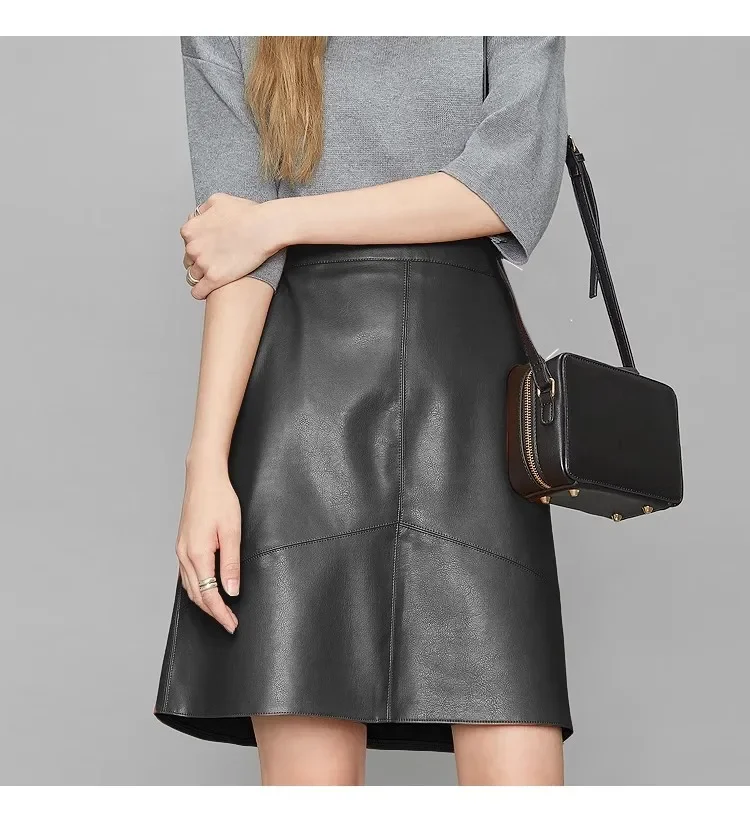 

LNY Shop Best,sales.Women A-line Genuine leather half skirt.OL casual sheepskin skirts.black quality.lady fashion leather skirt