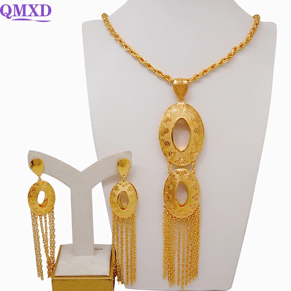 Fashion Dubai Gold Color Long Pendant Necklace Drop Earrings Jewelry Sets For Women Ethiopian African Wedding Bridal Chain Sets