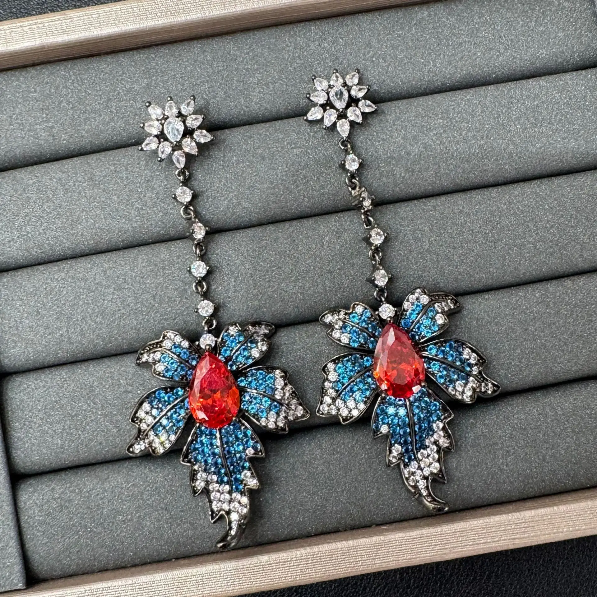 

luxury zirconia leaf dangling earrings for women shiny jewelry dinner party wedding earrings plant flower purple blue white