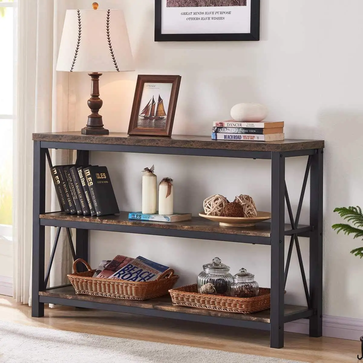 Industrial Sofa Console Table for Entryway, 3 Tier Foyer Table for Hallway, Rustic Hall Tables Behind Couch