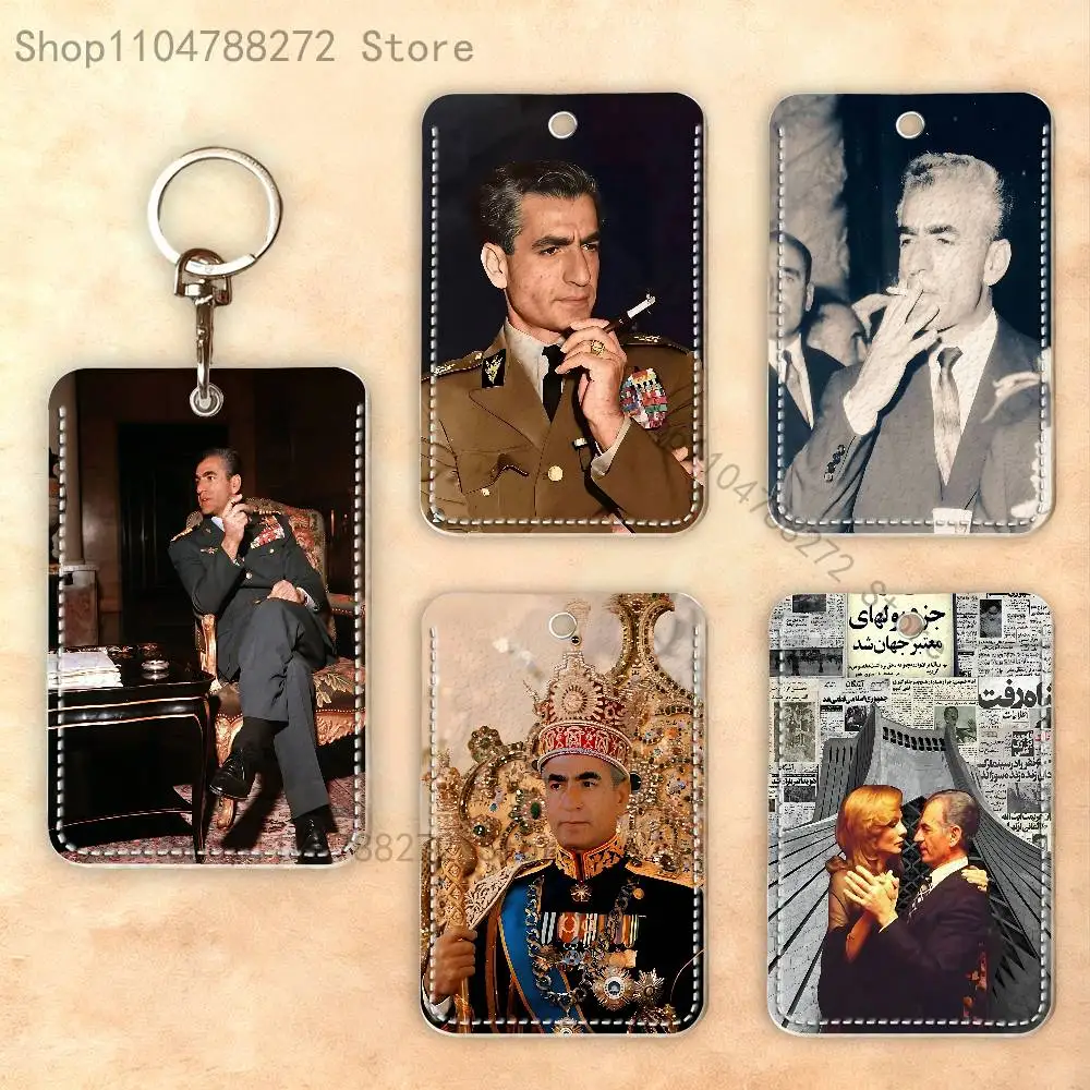 

I-Iran Shah M-Mohammad Rectangle Card Case Keychain Access Card Bag Key Tag Ring Leather Card Holder Key Ring Access