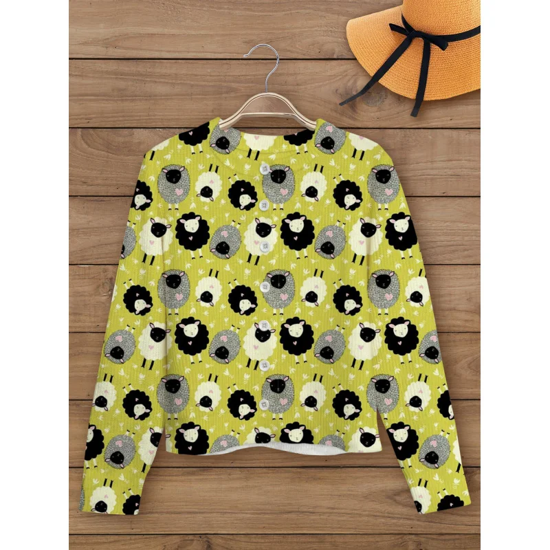

Cartoon Three-colored lamb Print Sweater,Women's Autumn Knitted Cardigan,Soft Fabric, Warm Loose Fit, Long Sleeve, Round Neck